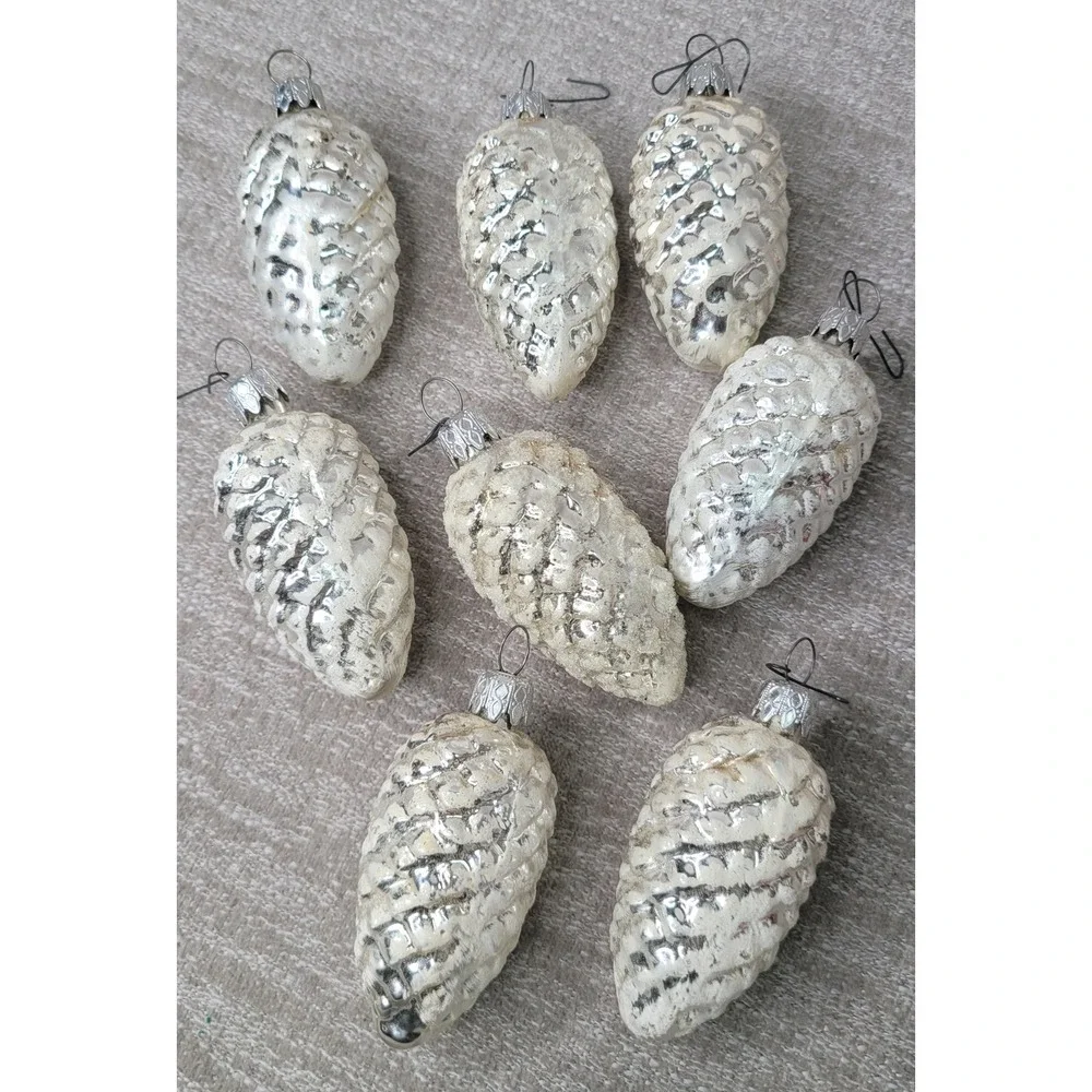 Set of 8 Vintage Mercury Glass Snowy Pinecone Christmas Ornaments Silver White